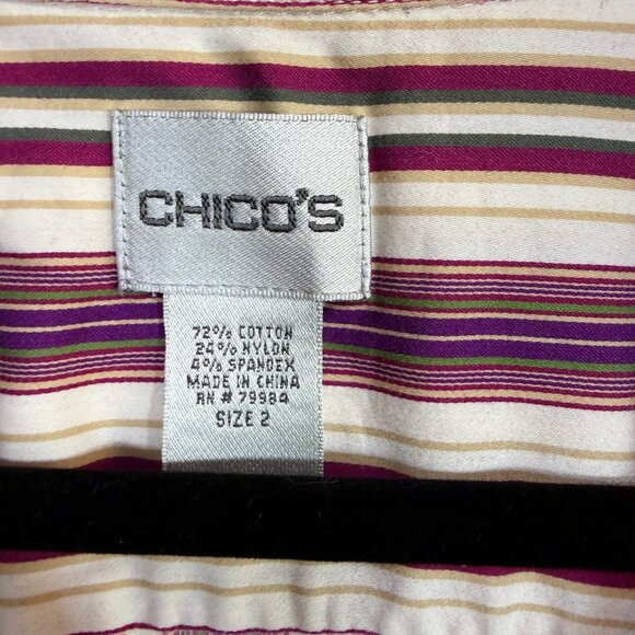 Chicos 2M Bordeaux Striped Purple Buttoned Top Stretch Preppy Office Work Brunch - Picture 5 of 7
